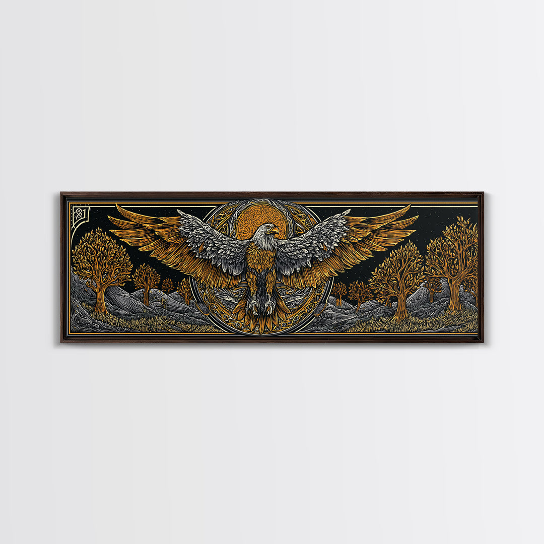 Eagle With Outstretched Wings, Mythology Bird Wall Decor, Gold Canvas Print, Symbolic Strength Art, Real Wood Frame