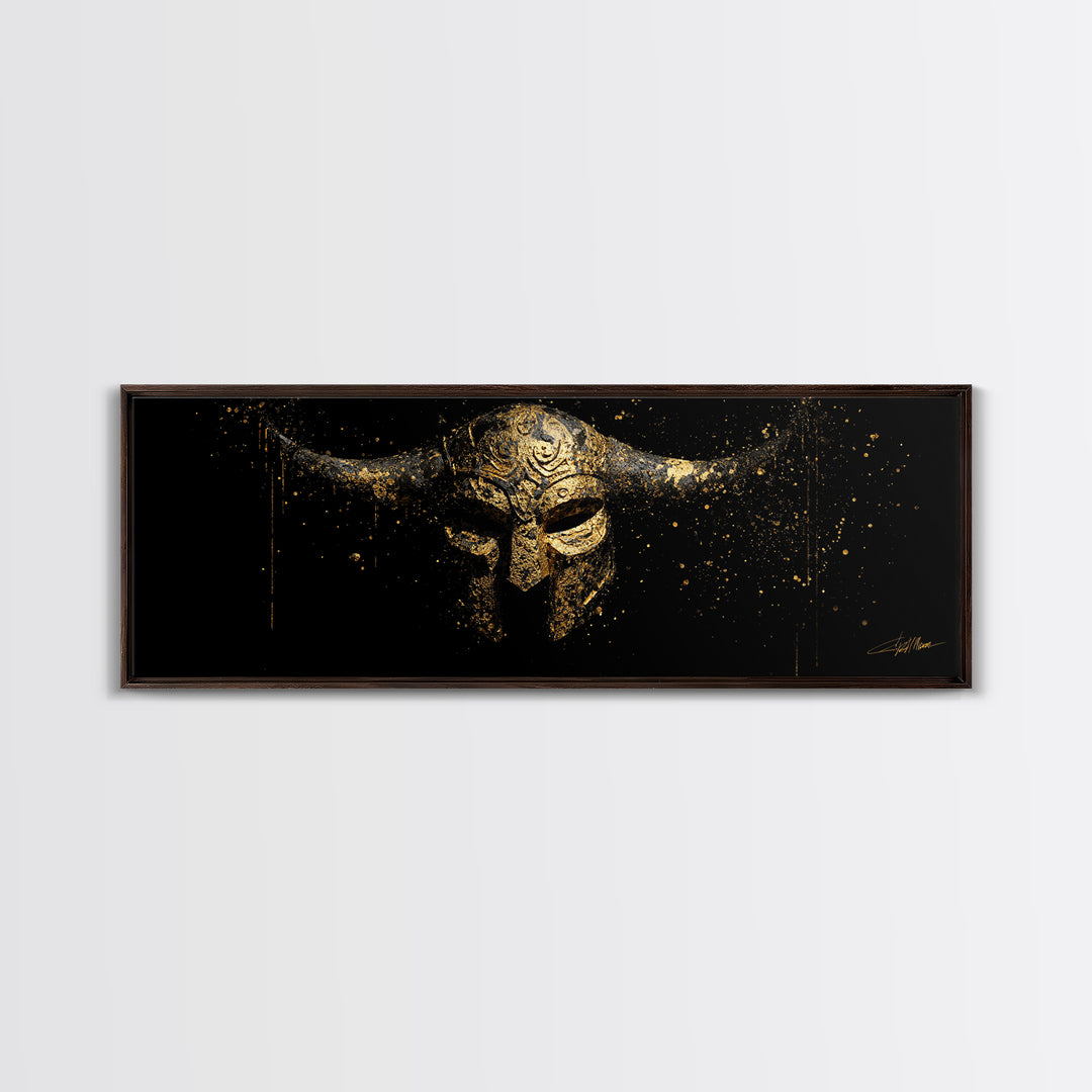 Warrior Viking Helmet, Norse Mythology Wall Art, Gold Canvas Print, Dramatic Historical Decor, Real Wood Frame