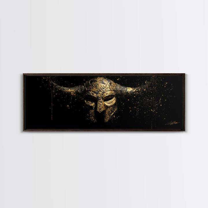 Warrior Viking Helmet, Norse Mythology Wall Art, Gold Canvas Print, Dramatic Historical Decor, Real Wood Frame
