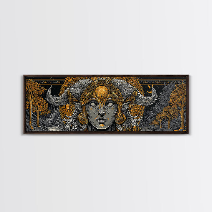 Horned Goddess Portrait, Celtic Mythology Wall Decor, Gold Canvas Print, Fantasy Pagan Inspired Art, Real Wood Frame