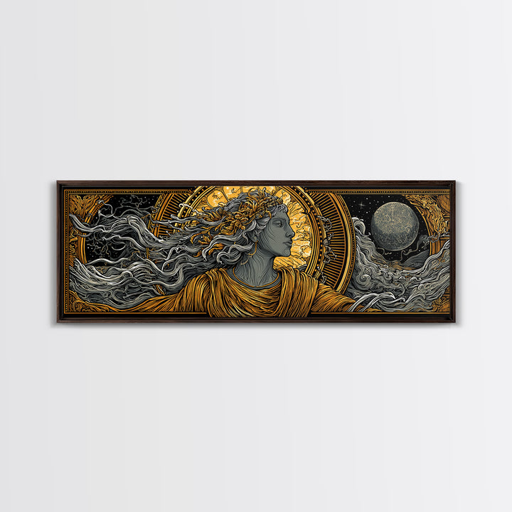 Solar Goddess With Moon, Celestial Mythology Wall Art, Gold Canvas Print, Elegant Greek Inspired Decor, Real Wood Frame