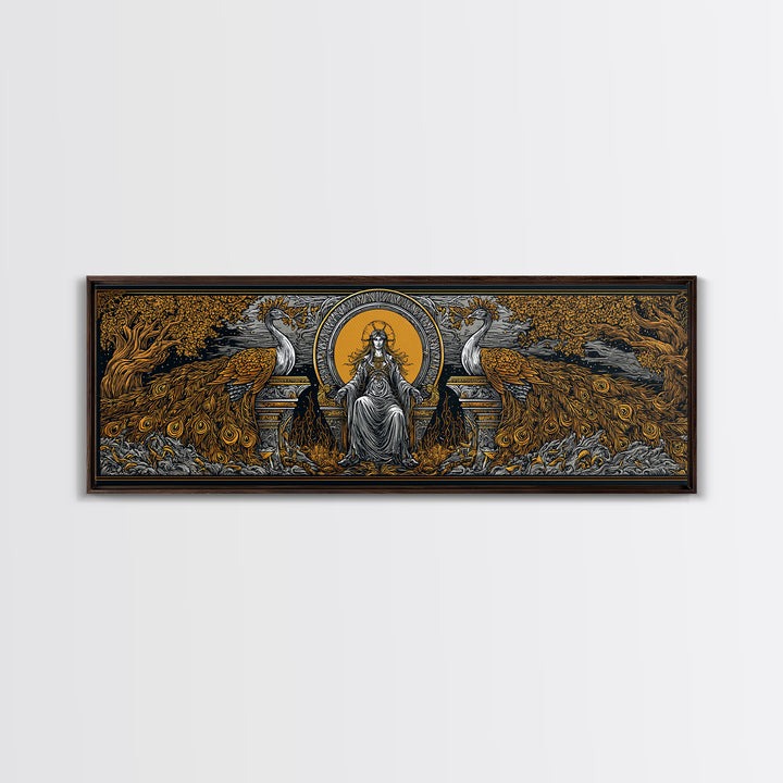 Queen Goddess With Peacocks, Mythology Regal Wall Art, Gold Canvas Print, Luxurious Divine Decor, Real Wood Frame