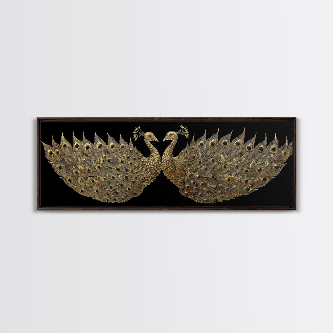 Twin Peacock Feathers, Elegant Bird Wall Decor, Gold Canvas Print, Symbolic Decorative Art, Real Wood Frame