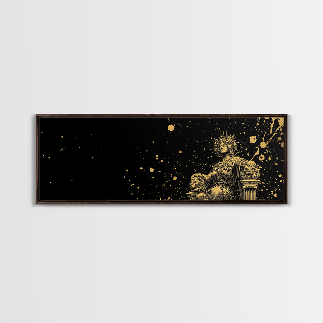 Celestial Goddess On Throne, Mythology Divine Wall Decor, Gold Canvas Print, Cosmic Starry Art, Real Wood Frame