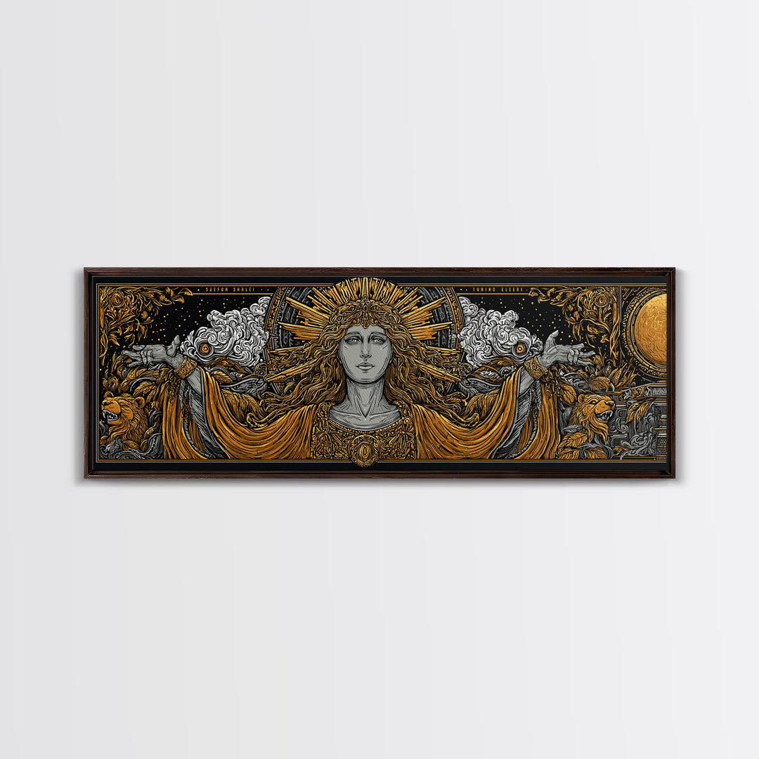 Hera Goddess Gold Canvas Print, Greek Mythology Wall Art, Regal Woman Illustration, Real Wood Frame, Luxury Home Decor