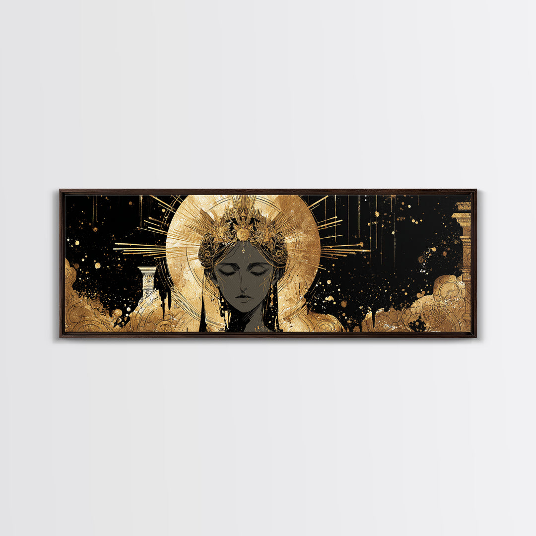 Hera Divine Gold Canvas Print, Greek Goddess Wall Art, Mythological Woman Portrait, Real Wood Frame, Elegant Home Decor