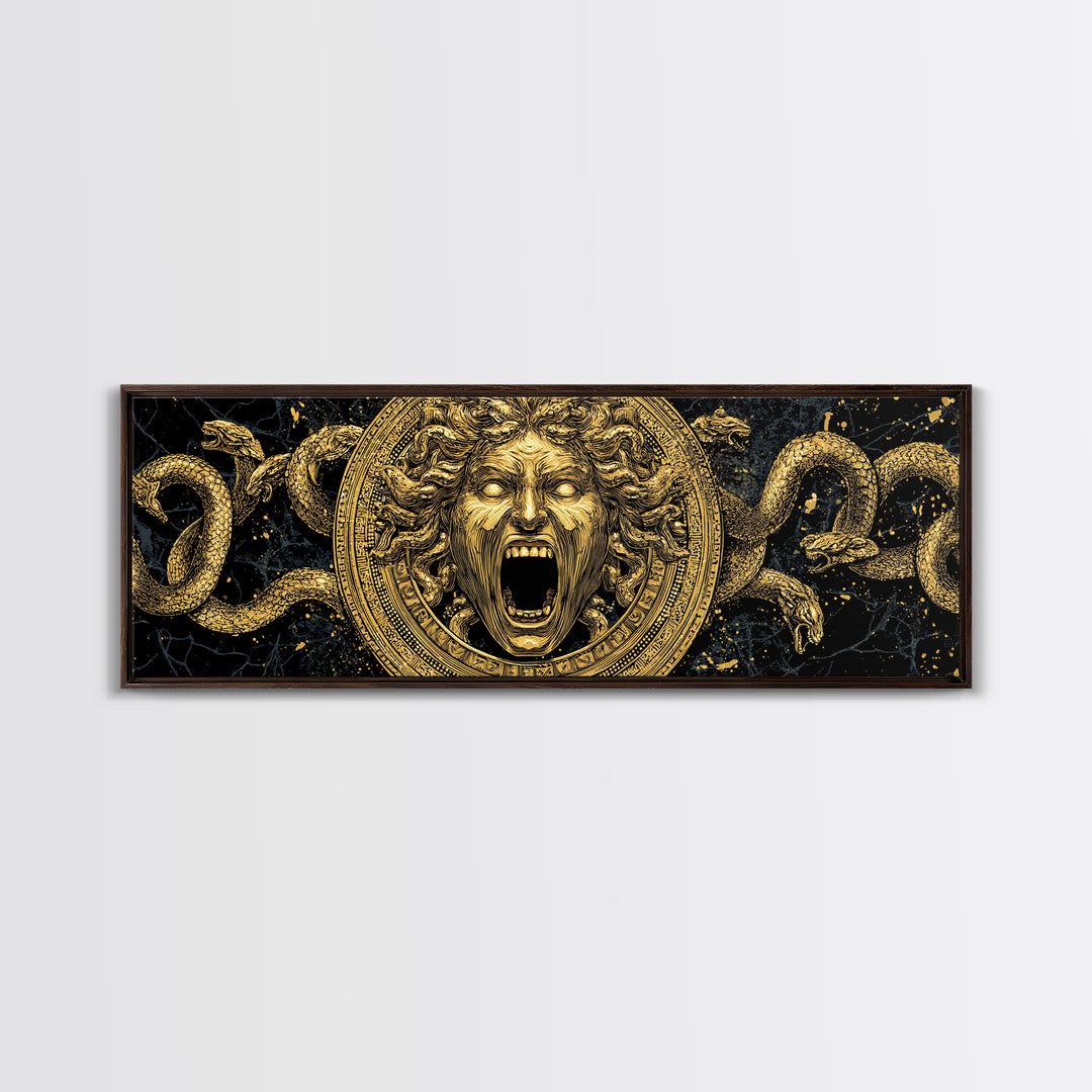 Medusa Gold Canvas Print, Mythology Wall Art, Serpent Hair Gorgon Illustration, Greek Goddess Decor, Real Wood Frame, Luxury