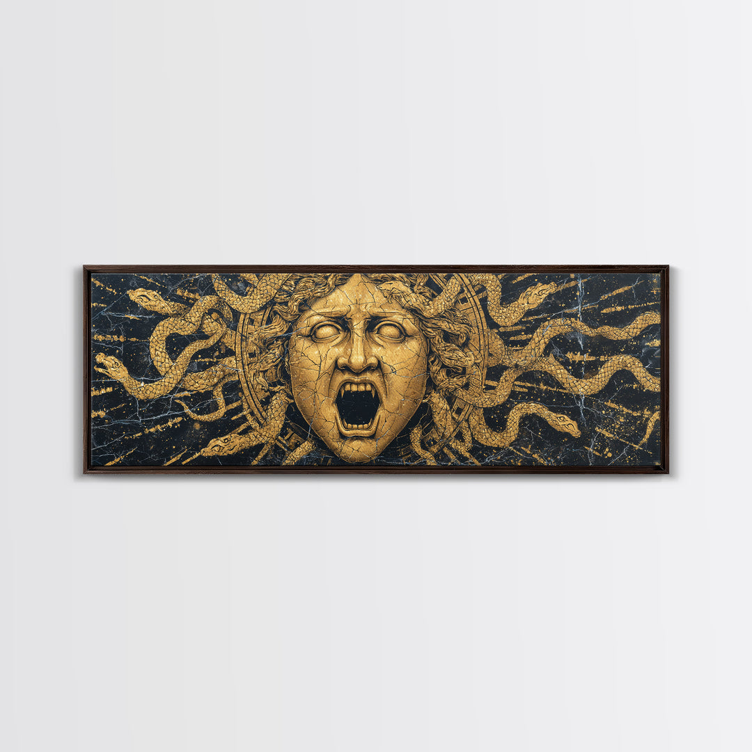 Medusa Serpent Gold Canvas Print, Greek Mythology Wall Art, Gorgon Face Illustration, Real Wood Frame, Unique Statement Decor