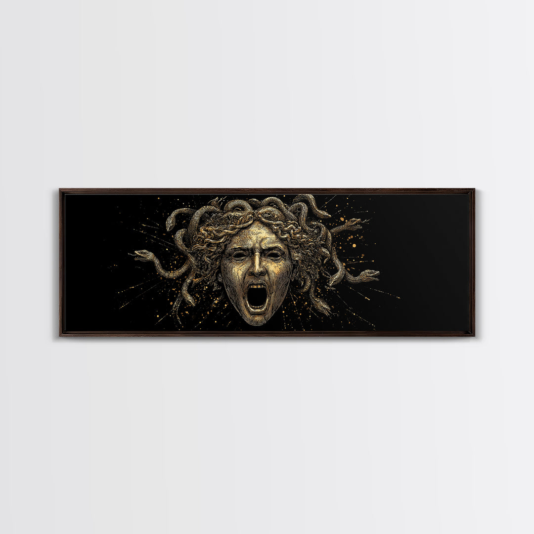 Medusa Head Gold Canvas Art, Greek Mythological Gorgon Wall Print, Snake Hair Woman Illustration, Real Wood Frame, Bold Luxury Decor