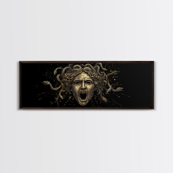 Medusa Head Gold Canvas Art, Greek Mythological Gorgon Wall Print, Snake Hair Woman Illustration, Real Wood Frame, Bold Luxury Decor