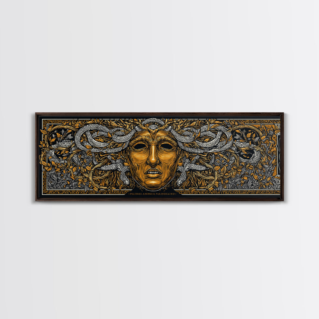 Medusa Myth Gold Canvas Print, Snake Goddess Wall Art, Ancient Greek Gorgon Illustration, Real Wood Frame, Dramatic Luxury Decor
