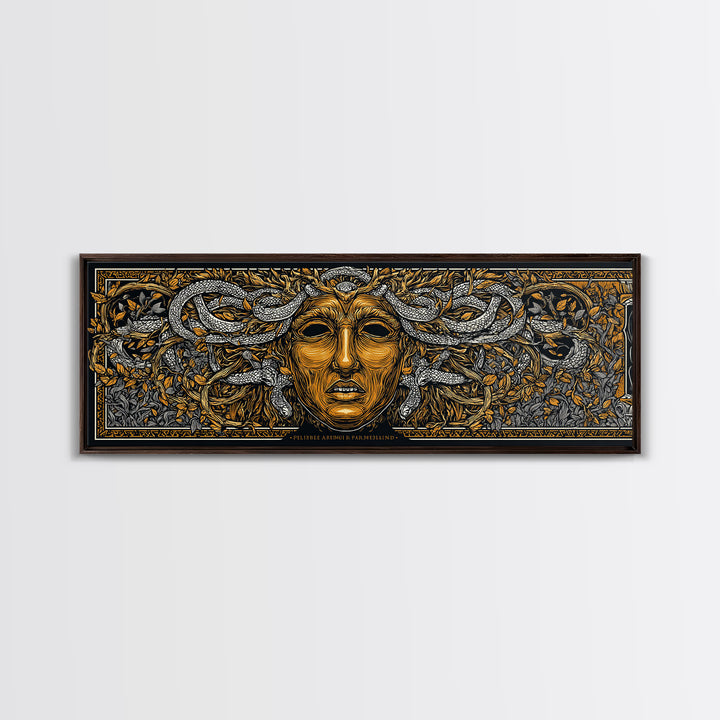 Medusa Myth Gold Canvas Print, Snake Goddess Wall Art, Ancient Greek Gorgon Illustration, Real Wood Frame, Dramatic Luxury Decor