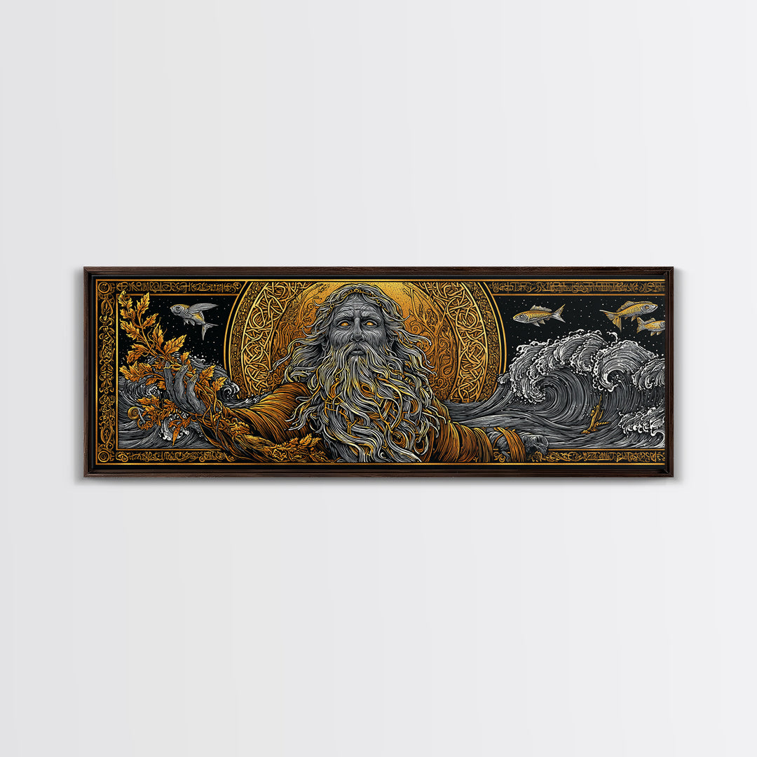 Oceanus Gold Canvas Print, Greek Titan Of The Sea, Mythology Wall Art, Flowing Waves Illustration, Real Wood Frame, Ocean Decor