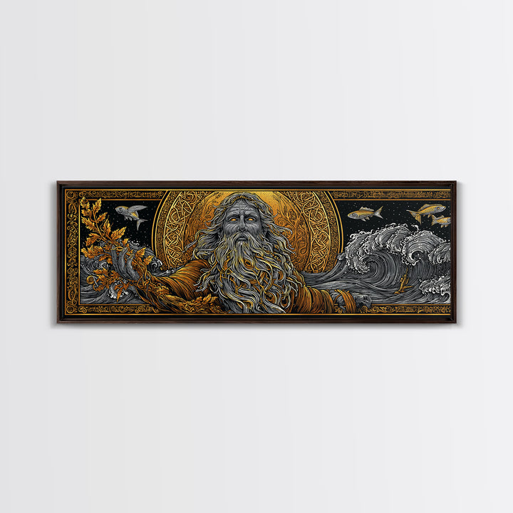 Oceanus Gold Canvas Print, Greek Titan Of The Sea, Mythology Wall Art, Flowing Waves Illustration, Real Wood Frame, Ocean Decor