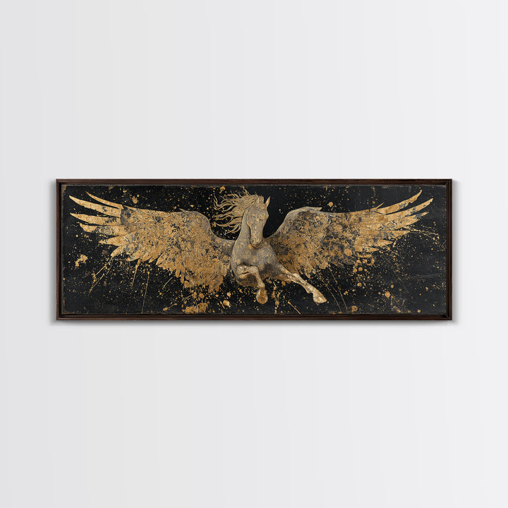 Pegasus Flying Gold Canvas Print, Greek Mythology Horse Wall Art, Real Wood Frame, Luxury Decorative Artwork