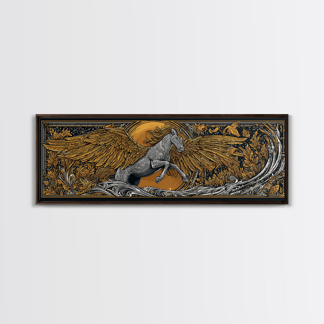 Pegasus Rising Gold Canvas Print, Mythological Horse Wall Art, Real Wood Frame, Luxury Collectible Decorative Art