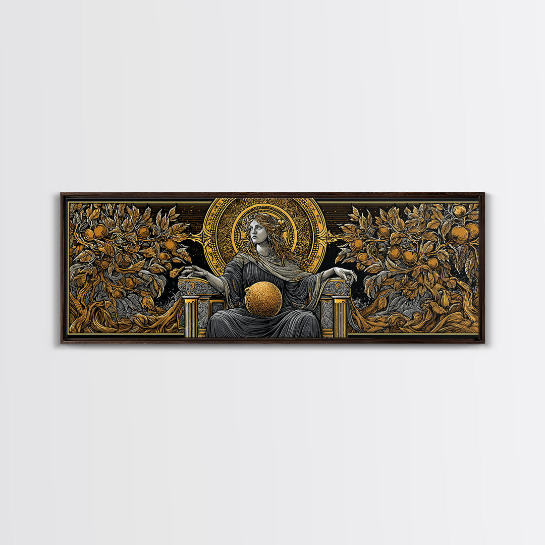 Persephone Throne Gold Canvas Print, Goddess Of Spring Wall Art, Real Wood Frame, Mythology Artwork For Decor
