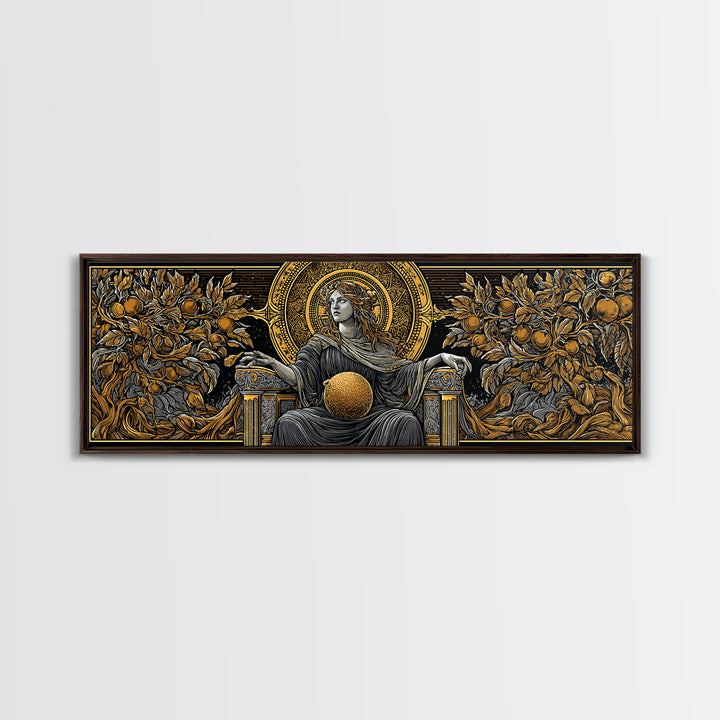 Persephone Throne Gold Canvas Print, Goddess Of Spring Wall Art, Real Wood Frame, Mythology Artwork For Decor