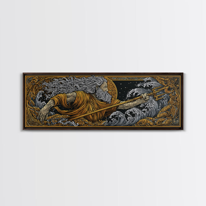 Poseidon Wields Gold Canvas Print, Sea God Wall Art, Real Wood Frame, Mythological Ocean Artwork For Home Decor