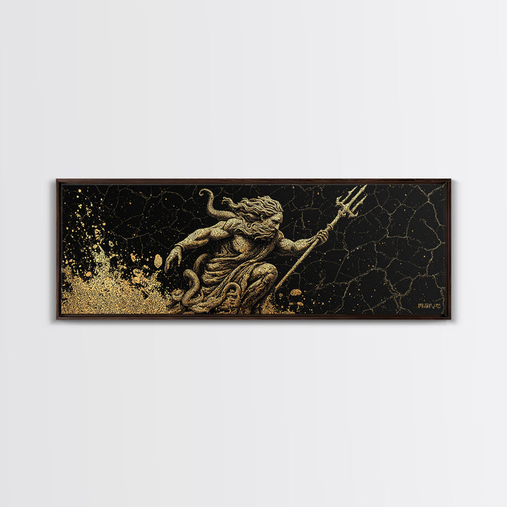 Poseidon Ocean Gold Canvas Print, Greek Mythology Wall Art, Real Wood Frame, Decorative God Of The Sea Artwork