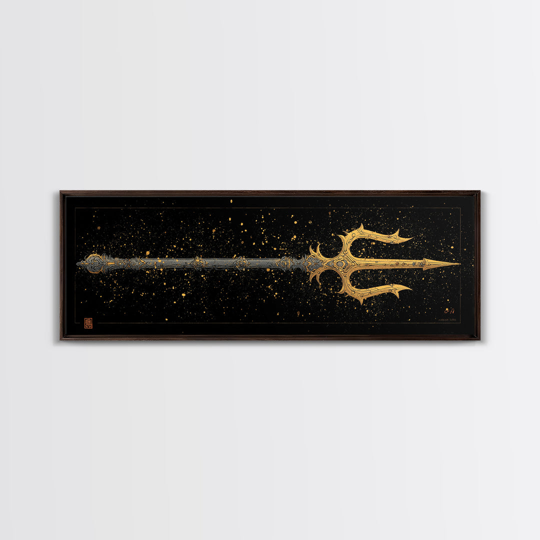 Poseidon Trident Gold Canvas Print, Mythology Wall Art, Real Wood Frame, Sea God Artwork For Home Or Office Decor