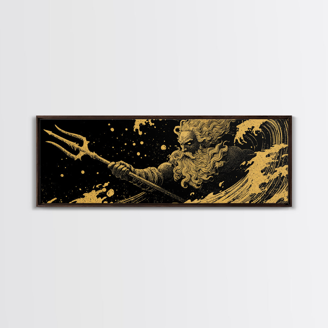 Poseidon Waves Gold Canvas Print, Mythological Sea God Wall Art, Real Wood Frame, Luxury Decorative Greek Artwork