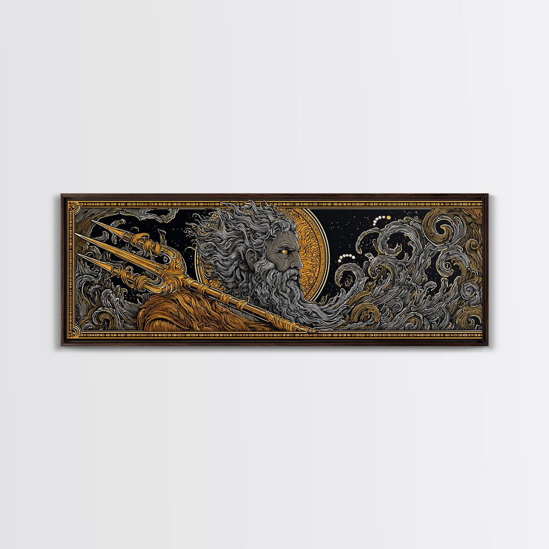 Poseidon With Trident Gold Canvas Print, Greek Mythology Wall Art, Real Wood Framed Canvas Artwork, Luxury Home Decor
