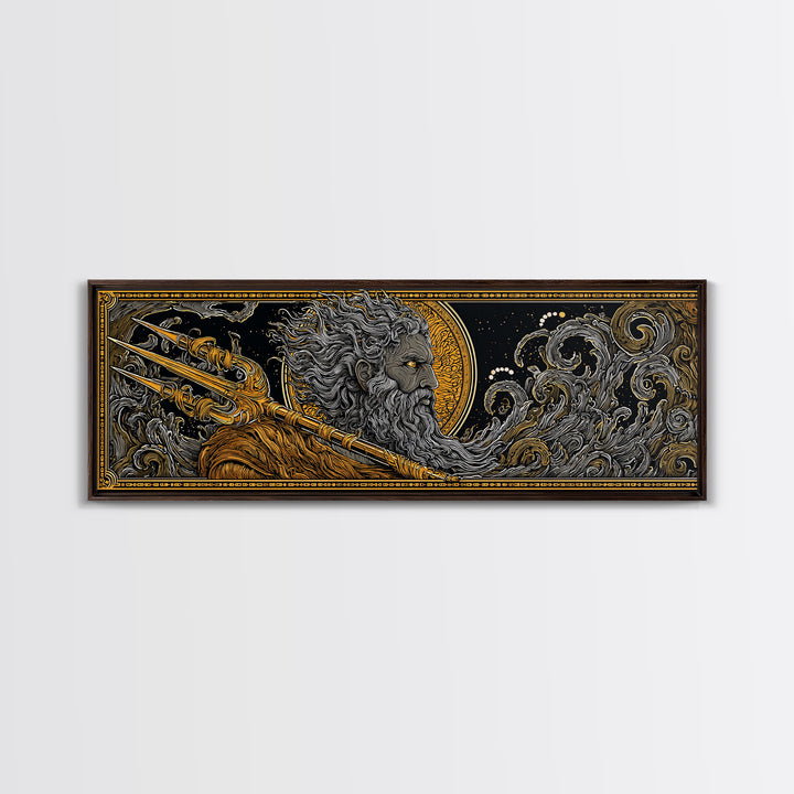Poseidon With Trident Gold Canvas Print, Greek Mythology Wall Art, Real Wood Framed Canvas Artwork, Luxury Home Decor