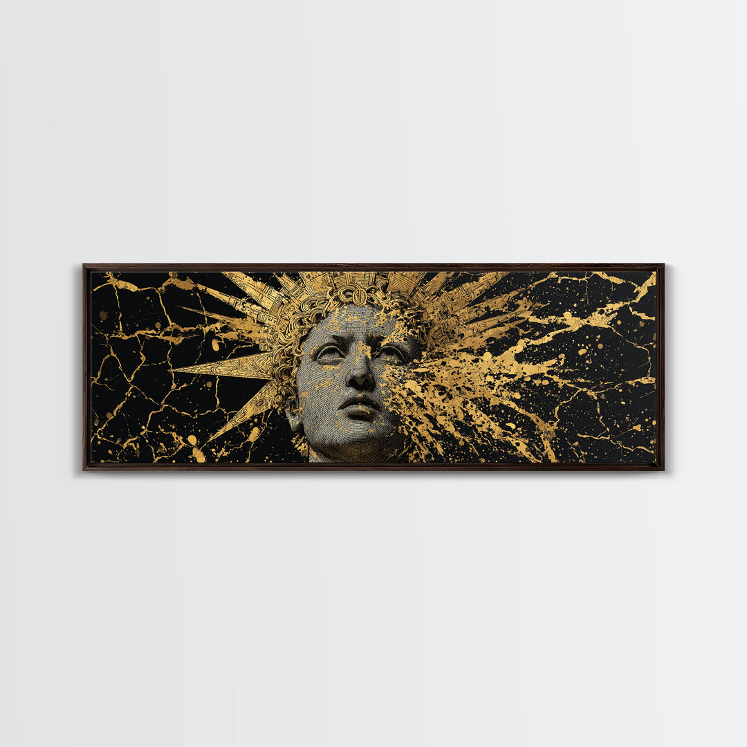 Prometheus Sunburst Bust Gold Canvas Print, Greek Statue Inspired Wall Art, Real Wood Frame, Elegant Mythology Artwork