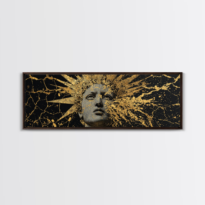 Prometheus Sunburst Bust Gold Canvas Print, Greek Statue Inspired Wall Art, Real Wood Frame, Elegant Mythology Artwork