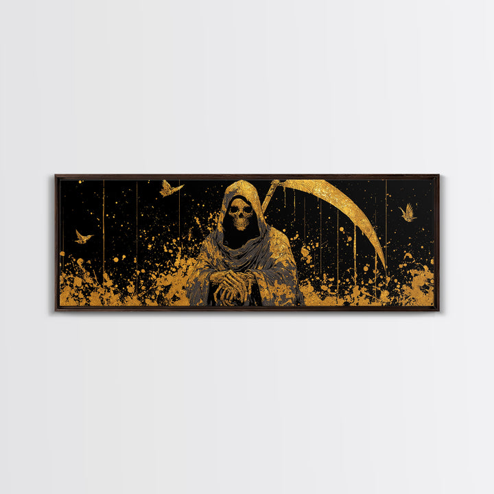 Thanatos Grim Reaper Gold Canvas Print, Mythology Inspired Wall Art, Real Wood Framed Canvas Artwork, Gothic Home Decor