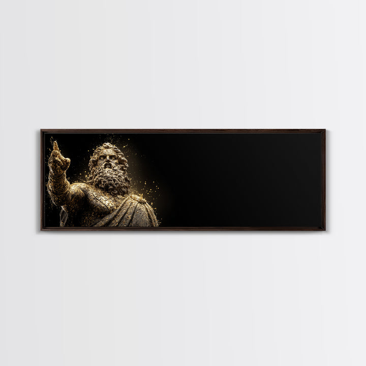 Zeus Statue Gold Canvas Print, Greek God Wall Art, Lightning King Decor, Real Wood Frame Mythology Inspired Artwork