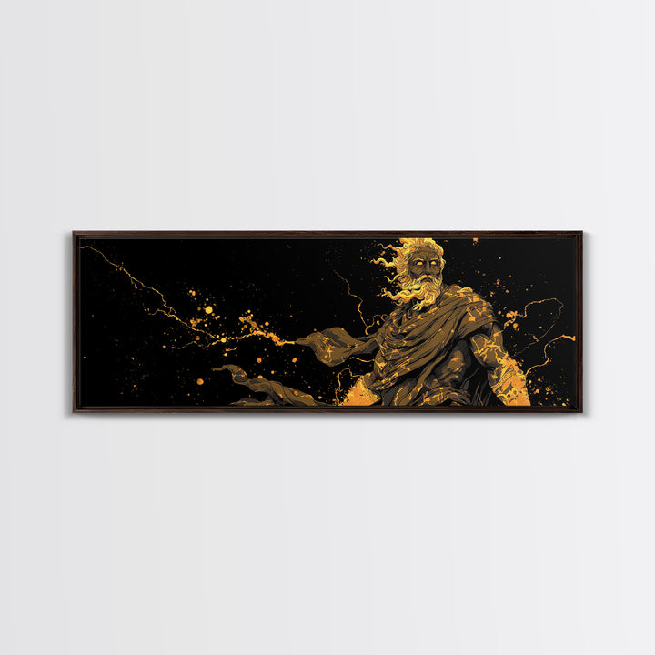 Zeus With Lightning Gold Canvas Art, Greek Mythology Canvas Print, Real Wood Frame Decor, Dramatic Wall Artwork For Home
