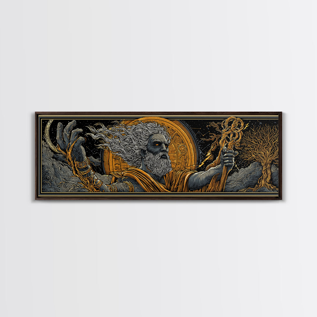 Zeus With Staff Gold Canvas Print, Greek God Wall Art, Regal Mythology Decor, Real Wood Frame Luxury Artwork