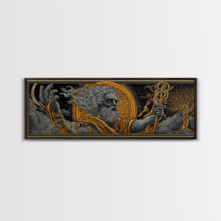 Zeus With Staff Gold Canvas Print, Greek God Wall Art, Regal Mythology Decor, Real Wood Frame Luxury Artwork