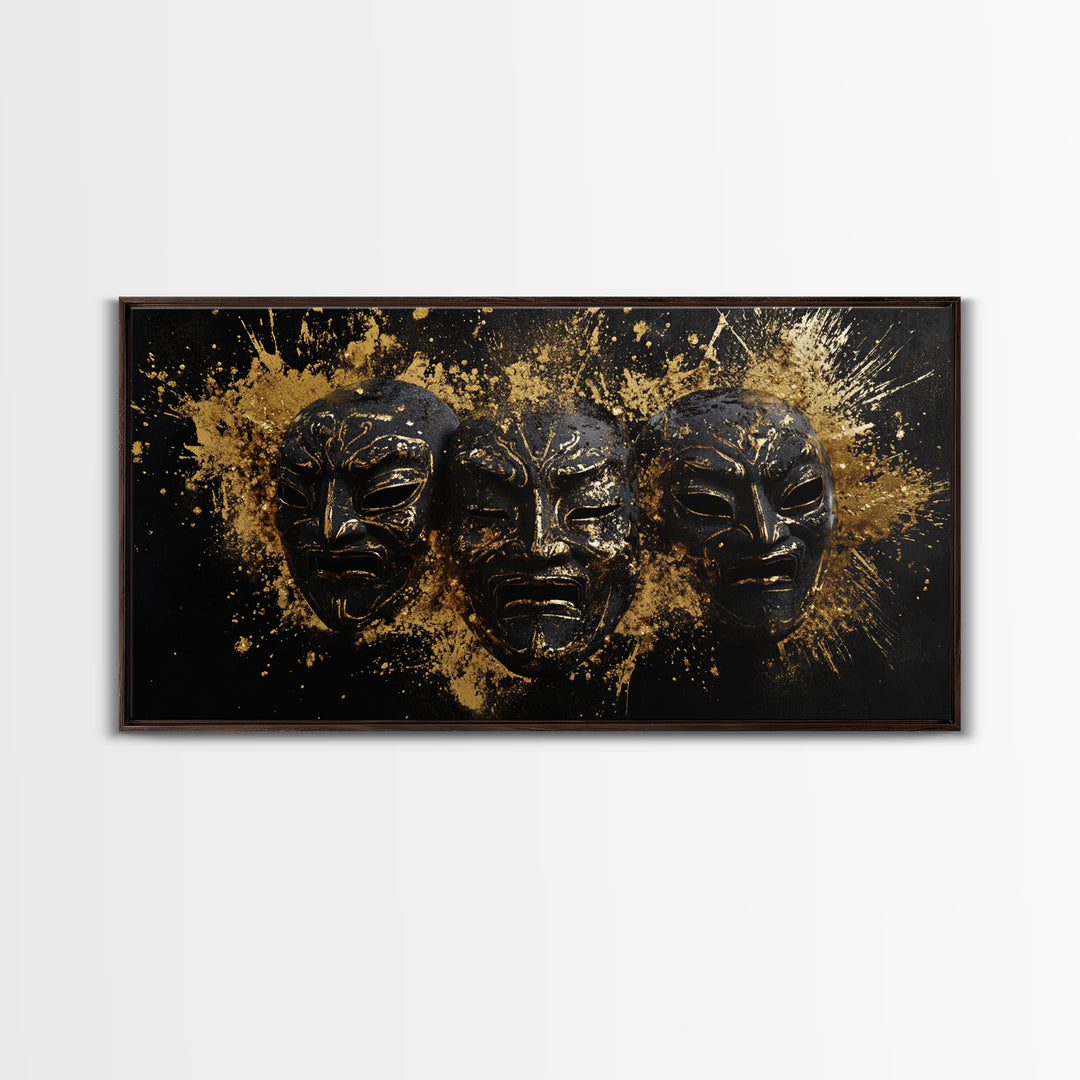 Tribal Drama Mask Gold Canvas Print, Abstract Splatter Art On Canvas, Real Wood Frame Wall Décor, Gothic Theater Artwork
