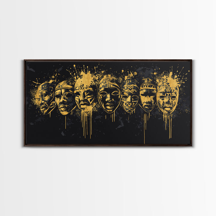 Intricate Regal Mask Gold Canvas Art, Ornate Splatter Canvas Print, Real Wood Frame Wall Décor, Dramatic Statement Artwork