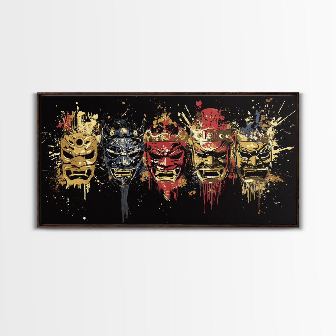 Tribal Mask Gold Canvas Art, Primitive Splatter Canvas Print, Real Wood Frame Wall Décor, Ethnic Gothic Statement Artwork