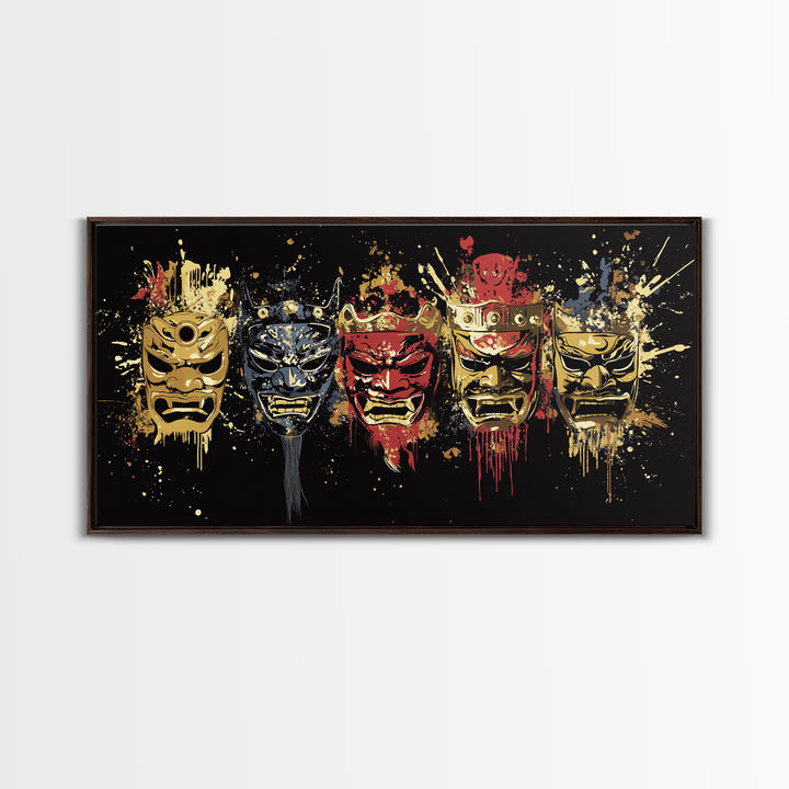 Tribal Mask Gold Canvas Art, Primitive Splatter Canvas Print, Real Wood Frame Wall Décor, Ethnic Gothic Statement Artwork