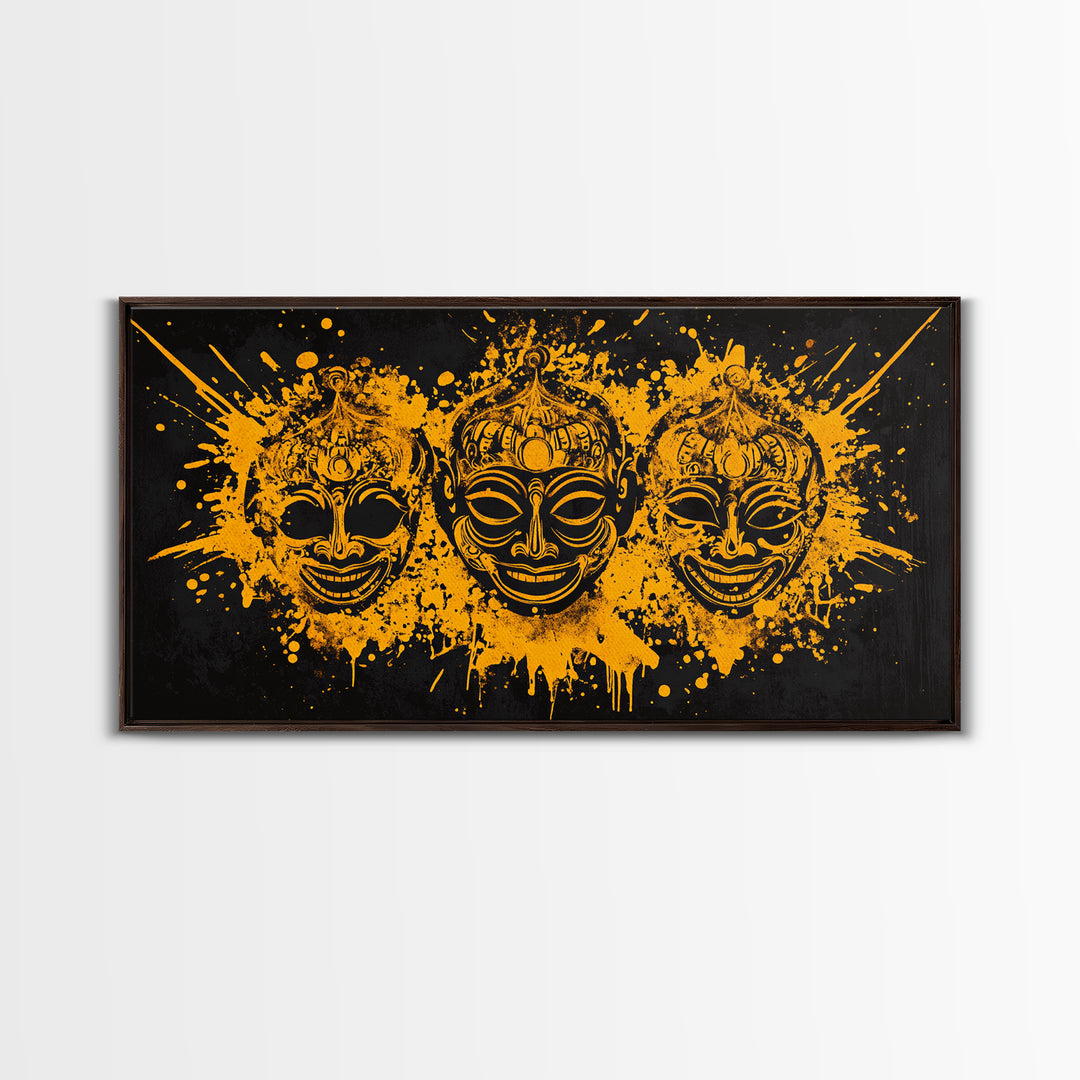 Ancient Warrior Mask Gold Canvas Art, Tribal Splatter Canvas Print, Real Wood Frame Wall Décor, Bold Dramatic Statement Art