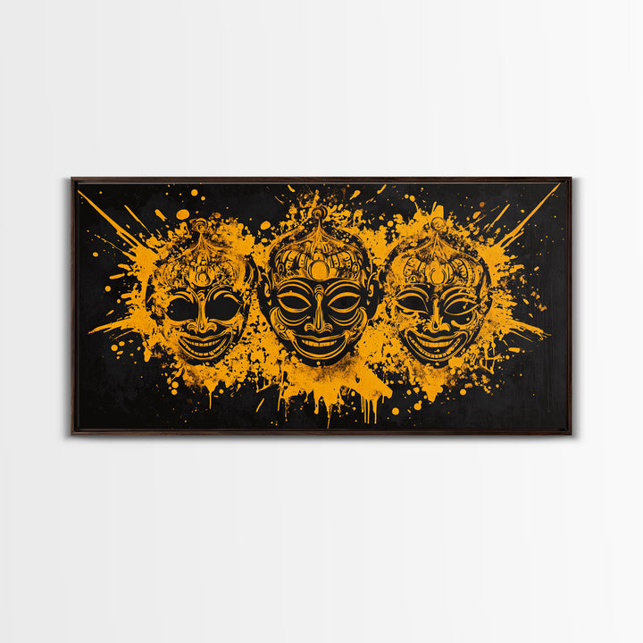 Ancient Warrior Mask Gold Canvas Art, Tribal Splatter Canvas Print, Real Wood Frame Wall Décor, Bold Dramatic Statement Art