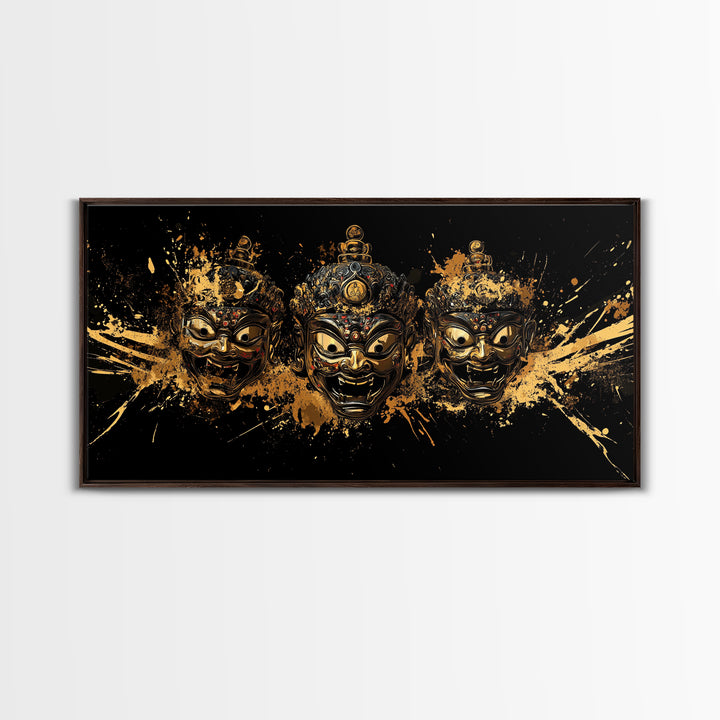 Theatrical Mask Gold Canvas Print, Gothic Splatter Art On Canvas, Real Wood Frame Wall Décor, Dark Drama Statement Art