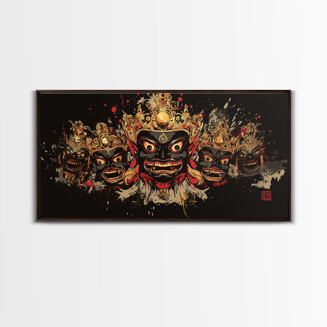 African Tribal Mask Gold Canvas Art, Ethnic Splatter Canvas Print, Real Wood Frame Wall Décor, Cultural Bold Statement Artwork