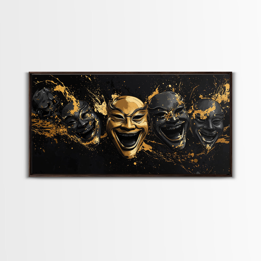 Fierce Demon Mask Gold Canvas Print, Splatter Abstract Mask Art On Canvas, Real Wood Frame Wall Décor, Bold Gothic Artwork