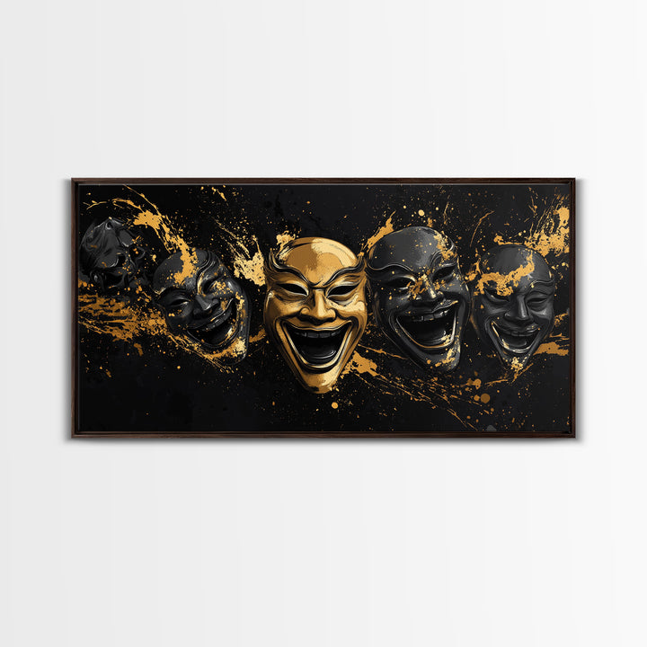 Fierce Demon Mask Gold Canvas Print, Splatter Abstract Mask Art On Canvas, Real Wood Frame Wall Décor, Bold Gothic Artwork