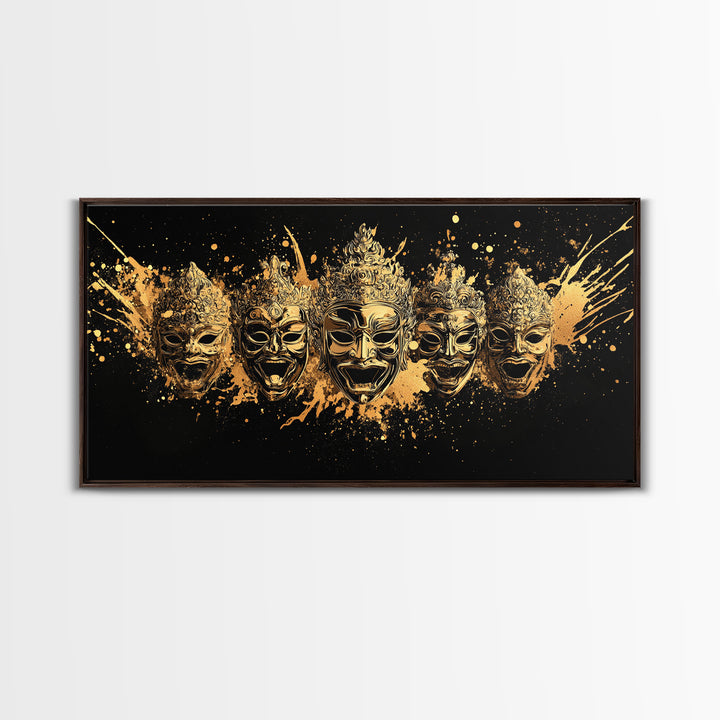 Warrior Mask Set Gold Canvas Art, Splatter Tribal Mask Canvas Print, Real Wood Frame Wall Décor, Dramatic Cultural Statement Art