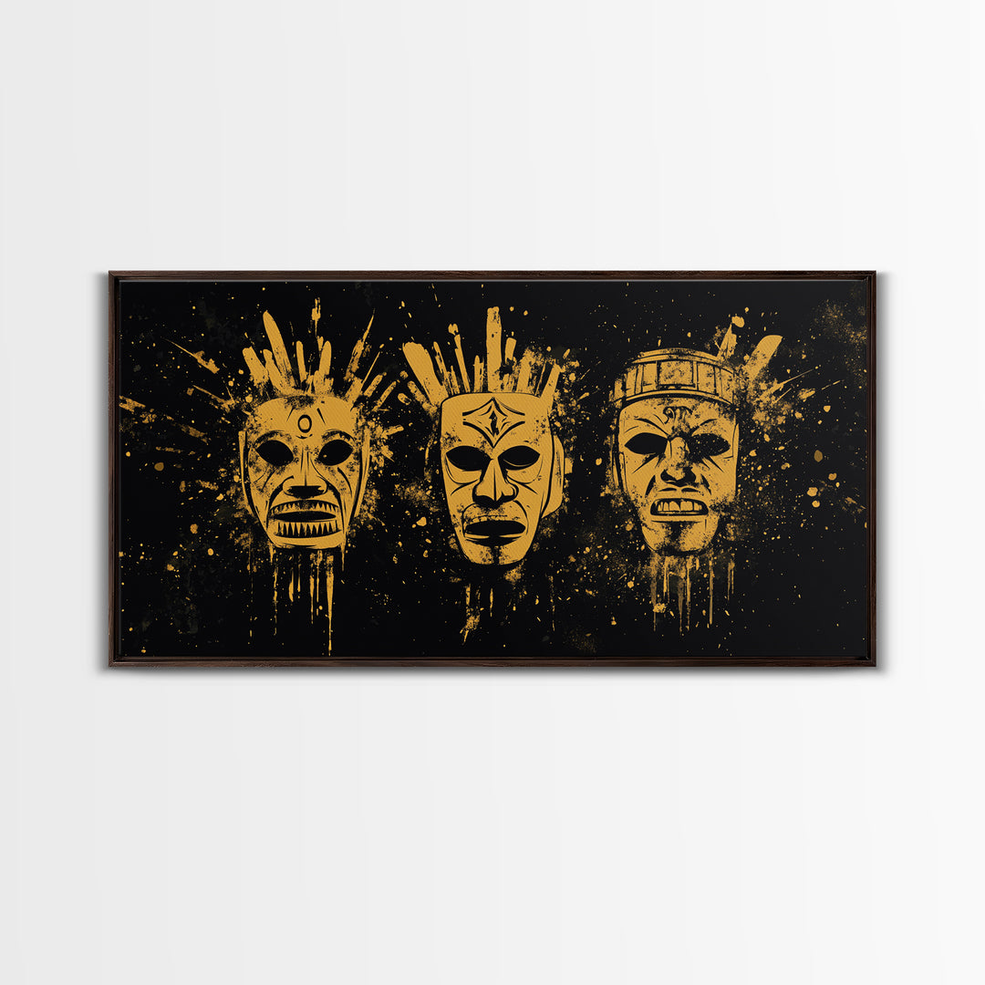 Mystical Sacred Mask Gold Canvas Art, Ornate Splatter Mask Canvas Print, Real Wood Frame Wall Décor, Spiritual Bold Statement Artwork