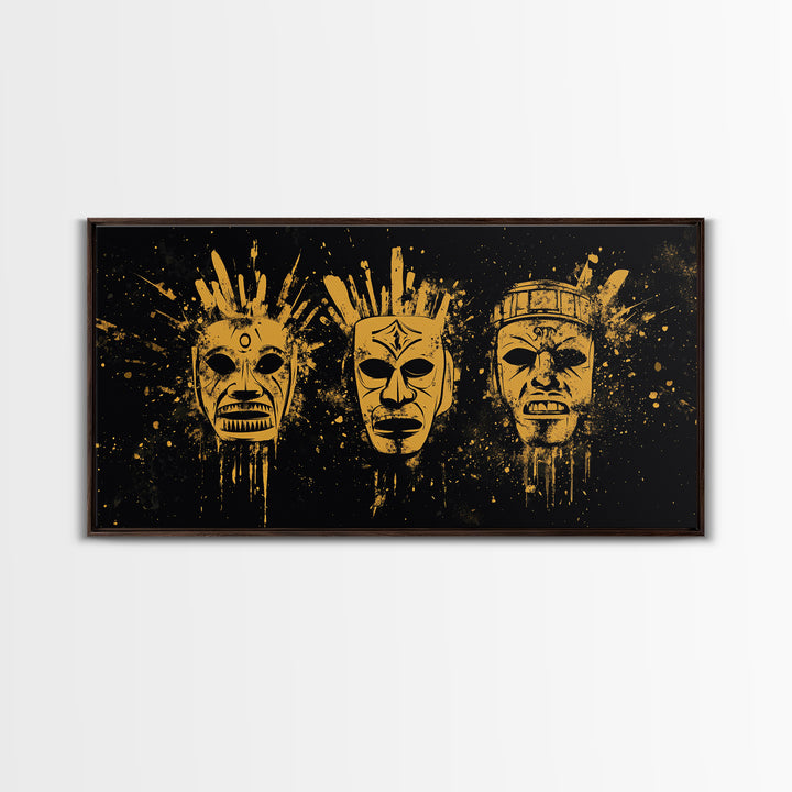 Mystical Sacred Mask Gold Canvas Art, Ornate Splatter Mask Canvas Print, Real Wood Frame Wall Décor, Spiritual Bold Statement Artwork