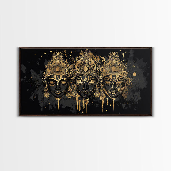 Ornate Demon Mask Gold Canvas Print, Splatter Tribal Art On Canvas, Real Wood Frame Wall Décor, Fierce Gothic Statement Artwork