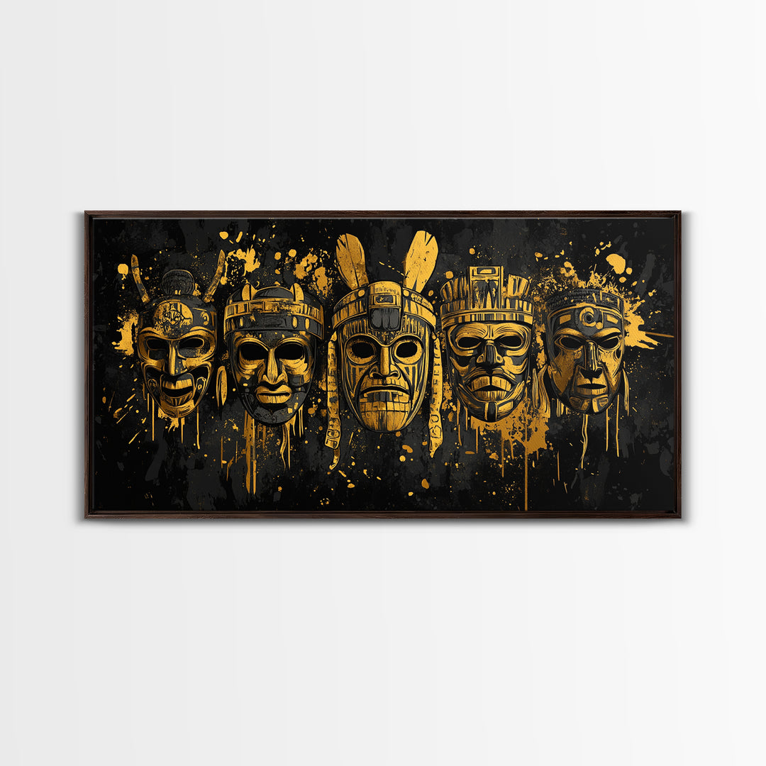 Mythical Demon Mask Gold Canvas Art, Splatter Fierce Mask Canvas Print, Real Wood Frame Wall Décor, Bold Dramatic Statement Artwork